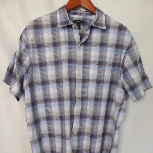 VAN HEUSEN MENS BLUE WHITE CHECKERED PATTERN PRINT SHIRT (PRE-OWNED) LARGE - Picture 1 of 7